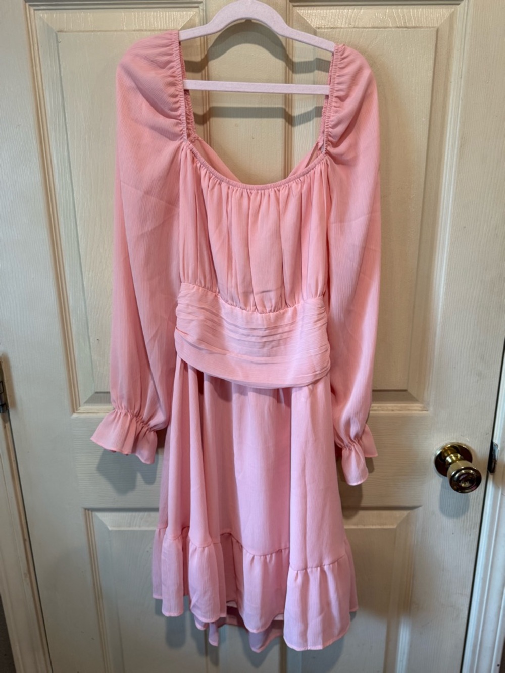 Pink Backless Long-Sleeve Ruffle Waist Dress